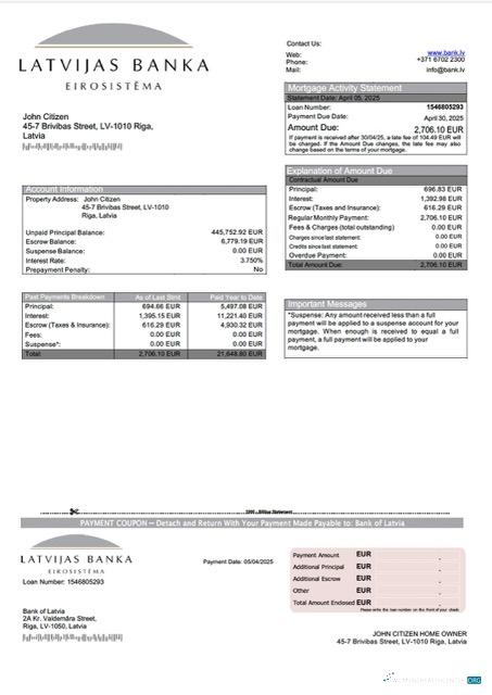 Download Latvia Bank of Latvia mortgage statement Word and PDF template Photoshop template